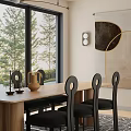 Modern Restaurant Interior With Wooden Dining Table Unique Chairs Large Windows And Greenery View