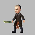 Cartoon Style Man With Bald Head Beard Wearing Dark Clothing Holding Green Knife And Boots