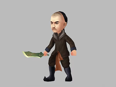 Cartoon Style Man With Bald Head Beard Wearing Dark Clothing Holding Green Knife And Boots 3d model