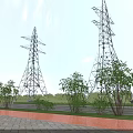 Rural Landscape Featuring High Voltage Towers Blue Sky Roadside Trees And Green Vegetation