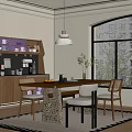 Cozy Restaurant Interior With Wooden Dining Table Chairs Pendant Light Green Plant And Large Window