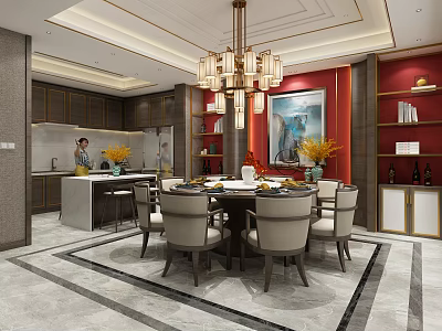 Modern Chinese Restaurant Interior With Round Dining Table Chandelier And Red Cabinets 3d model