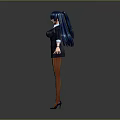 3D Character Model With Blue Long Hair Black Blazer Skirt Brown Stockings And High Heels