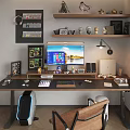 Modern Home Office Desk Setup With Computer Monitor Bookshelf Task Lamp and Decorative Items