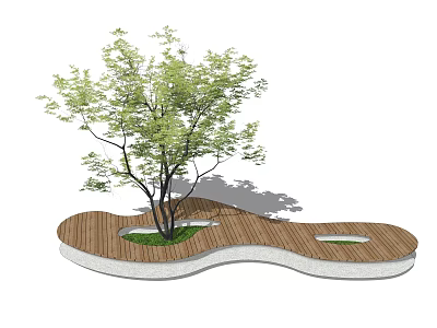 Curved Wooden Garden Feature With Green Tree White Concrete Edge And Shadow 3d model