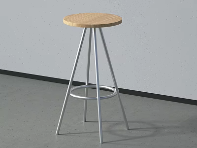 Modern Bar Stool With Wooden Round Seat And Metal Tripod Legs 3d model