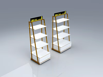 Two Multi Tier Display Shelves With White Shelves Gold Frame And Black Sign 3d model