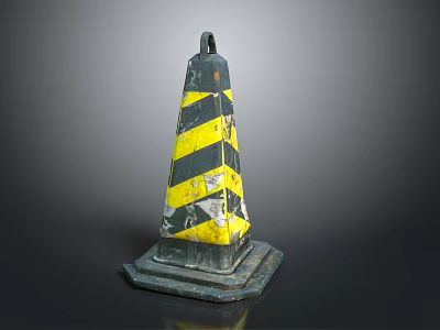 Worn Traffic Cone With Yellow Black Stripes Square Base And Top Loop 3d model