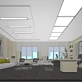 Modern Office Interior Design With Sofa Desk Chairs Windows And Ceiling Lights 3d model