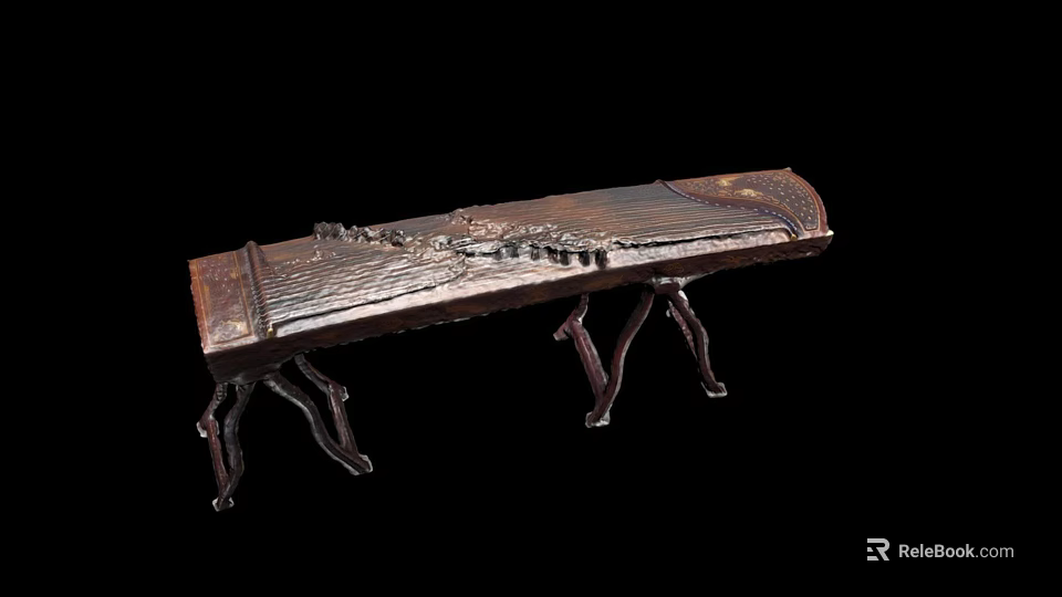 Tech Exhibition Hall Display of Brown Carved Guqin on Ornate Wooden Stand with Black Background 3d model 