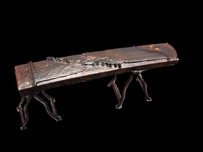 Tech Exhibition Hall Display of Brown Carved Guqin on Ornate Wooden Stand with Black Background 3d model