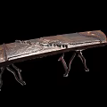 Tech Exhibition Hall Display of Brown Carved Guqin on Ornate Wooden Stand with Black Background
