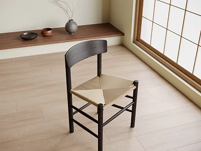 Minimalist Single Chair With Dark Wooden Frame And Light Woven Seat In Bright Room 3d model