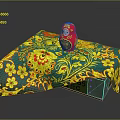 Table with Blue Yellow Floral Tablecloth and Traditional Red Matryoshka Doll