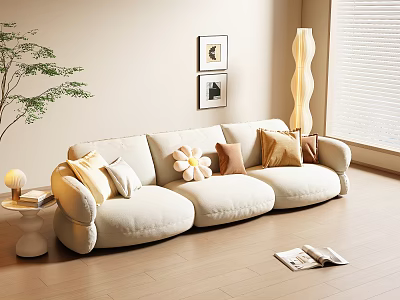 Plush Beige Three Seater Sofa With Decorative Pillows Floor Lamp Wall Art And Green Plant In Cozy Living Room 3d model