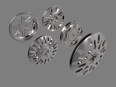 Shiny Silver Car Alloy Wheels With Various Spoke Designs And Sizes 3d model
