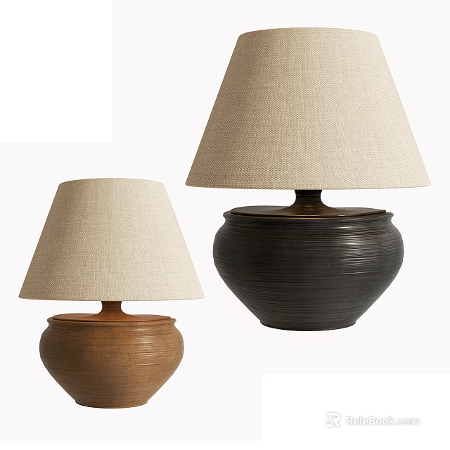 Brown And Black Table Lamps With Textured Ceramic Bases And Beige Fabric Shades 3d model 