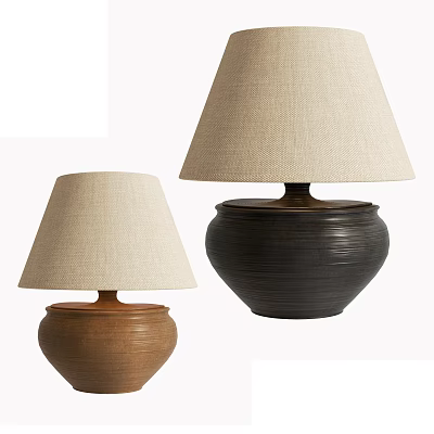 Brown And Black Table Lamps With Textured Ceramic Bases And Beige Fabric Shades 3d model