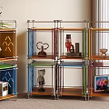 Multiple Colorful Metal Frame Storage Shelves With Wooden Shelves And Decorative Items