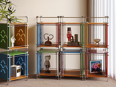 Multiple Colorful Metal Frame Storage Shelves With Wooden Shelves And Decorative Items 3d model