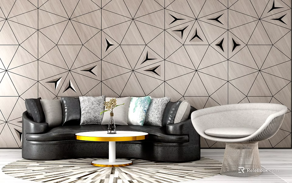 Black Sofa and Coffee Table Set with Throw Pillows Yellow Coffee Table and Geometric Wall 3d model