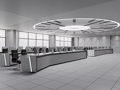 Modern Monitoring Room With Control Consoles Multiple Monitors Ceiling Lighting And Ergonomic Chairs 3d model