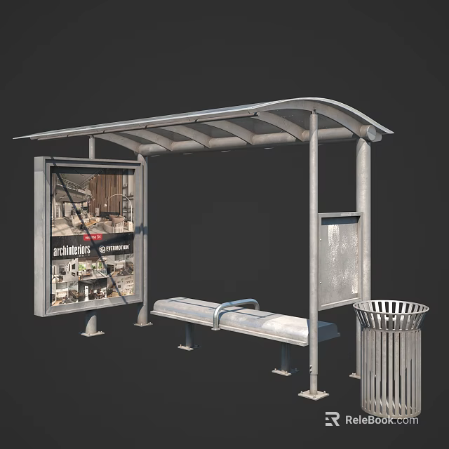 Bus Shelter With Canopy Bench Advertisement Board And Trash Can 3d model 