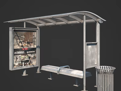 Bus Shelter With Canopy Bench Advertisement Board And Trash Can 3d model