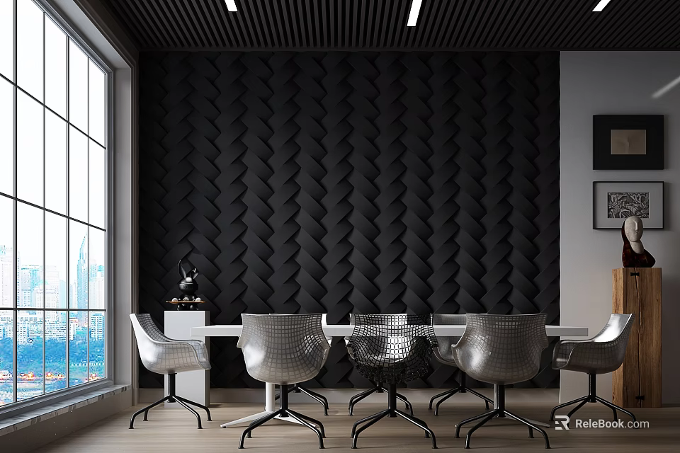 Modern Conference Room With Black Herringbone Wall White Table Metal Chairs Large Windows City View 3d model 