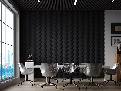 Modern Conference Room With Black Herringbone Wall White Table Metal Chairs Large Windows City View 3d model
