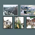 Chinese Style Landscape Paintings With Traditional Architecture Water Town Willow Trees And Bridges