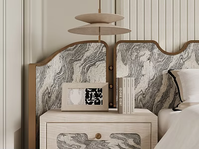 Marble Patterned Bedside Table With Table Lamp Photo Frame And Books In Bedroom 3d model