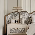 Marble Patterned Bedside Table With Table Lamp Photo Frame And Books In Bedroom