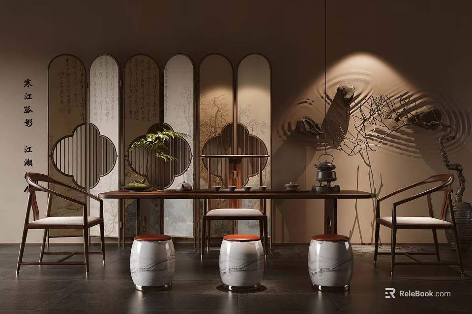 Traditional Chinese Tea Room Interior Design With Wooden Screen Calligraphy Green Plant And Drum Stools 3d model 