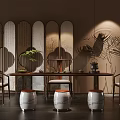 Traditional Chinese Tea Room Interior Design With Wooden Screen Calligraphy Green Plant And Drum Stools