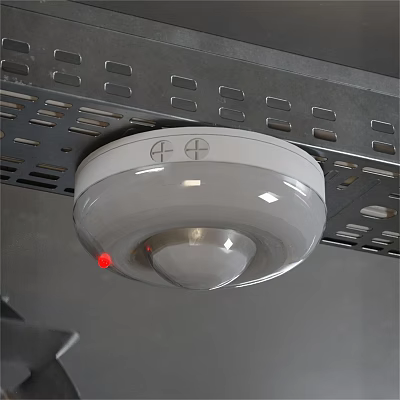 White Smoke Detector Mounted On Metal Bracket With Red Indicator Light 3d model
