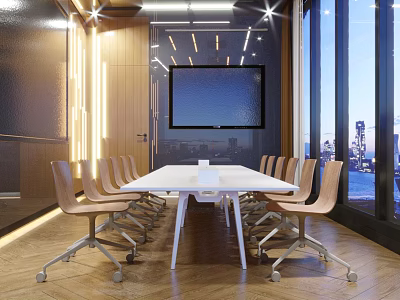 Modern Conference Room With White Table Leather Chairs Large Windows And City View 3d model