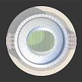 Modern Circular Stadium Design With Red Seats Green Field And White Rim