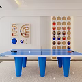 Blue Ping Pong Table With Paddles And Balls In Indoor Sports Equipment Setup