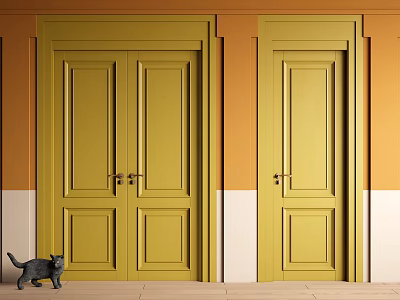 Yellow Double Doors And Single Door With Orange White Walls And Black Cat 3d model