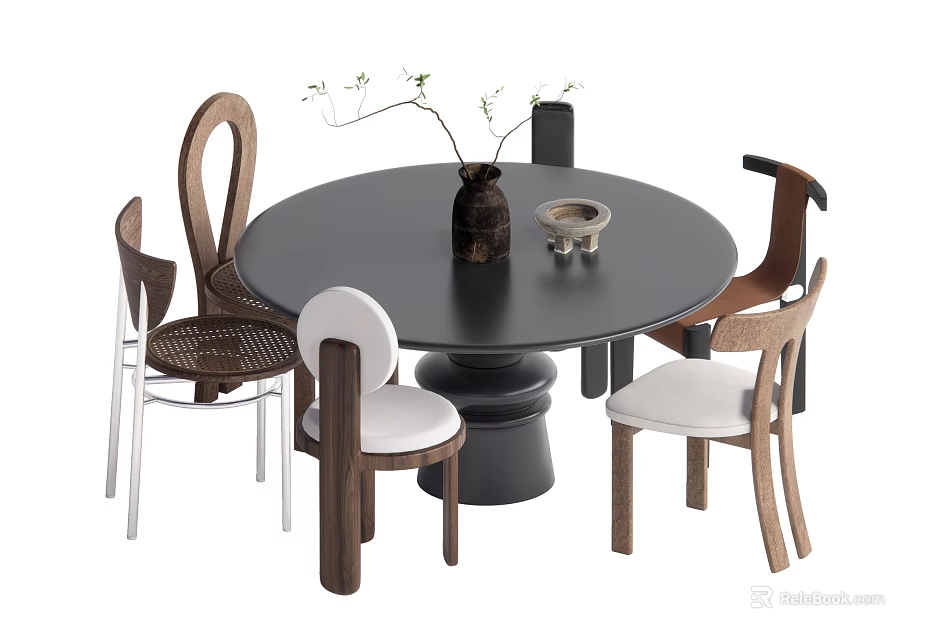 Modern Round Black Dining Table Set With Varied Designed Chairs Vase And Small Bowl Decor 3d model 