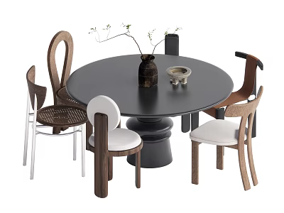 Modern Round Black Dining Table Set With Varied Designed Chairs Vase And Small Bowl Decor 3d model