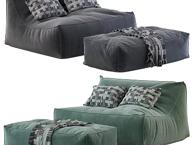 Cozy Gray Green Bean Bag Chair With Patterned Pillows Ottoman And Blanket 3d model