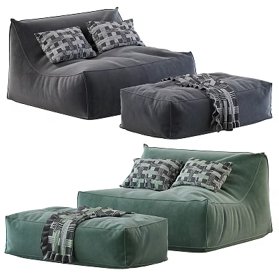 Cozy Gray Green Bean Bag Chair With Patterned Pillows Ottoman And Blanket 3d model