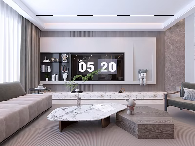 Modern Living Dining Room Interior With Marble Coffee Table Sofa And TV Cabinet Decor 3d model