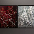 Two Modern Abstract Paintings with Red Gray Textures on Gray Wall 3d model