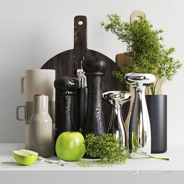 Stylish Kitchen Utensils With Pepper Grinders Wooden Cutting Board Fresh Herbs And Fruits 3d model 