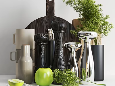 Stylish Kitchen Utensils With Pepper Grinders Wooden Cutting Board Fresh Herbs And Fruits 3d model