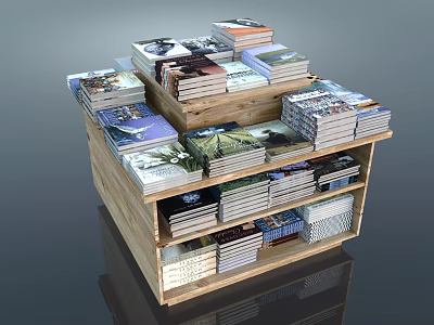 Wooden Open Shelf Bookcase With Stacked Assorted Books On Multi Tiers 3d model