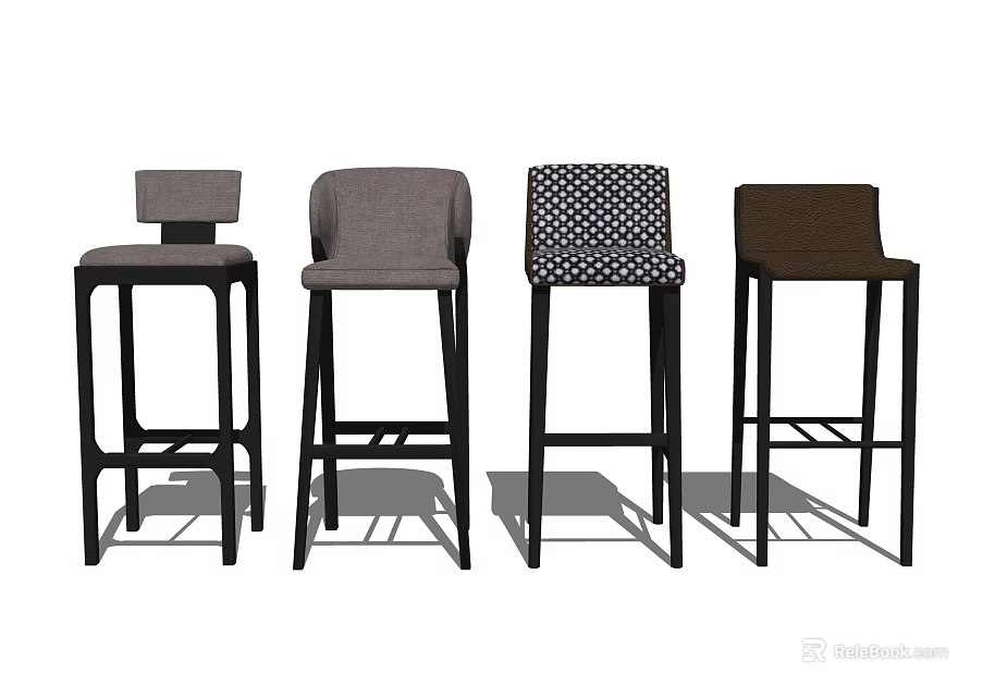 Modern Bar Stools With Different Upholstered Designs And Black Metal Frames 3d model